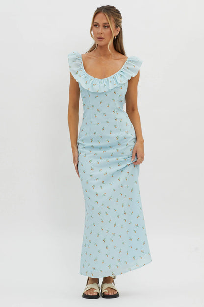 Merci Beaucoup Frill Neckline Maxi Dress Blue