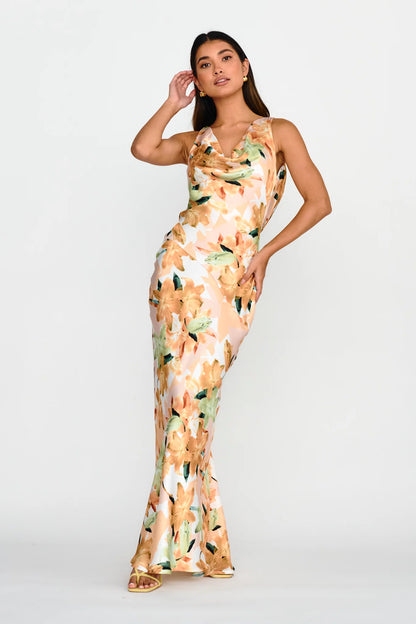 Cassiopeia Open Back Maxi Dress Lily Print Yellow