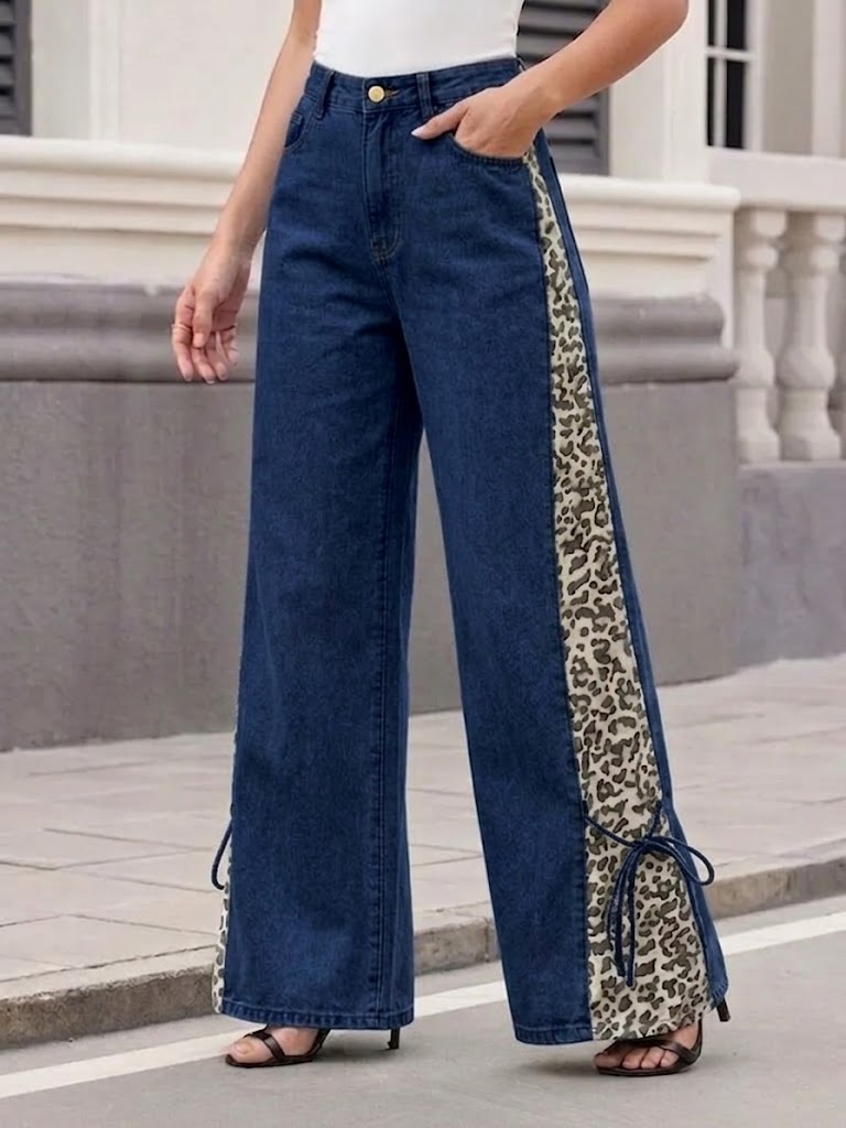 Streetwear Leopard Print Denim Flare Trousers | High Waist Wide Leg Lace Up Jeans