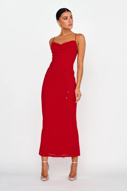 Teava Laced Waist Maxi Dress Red