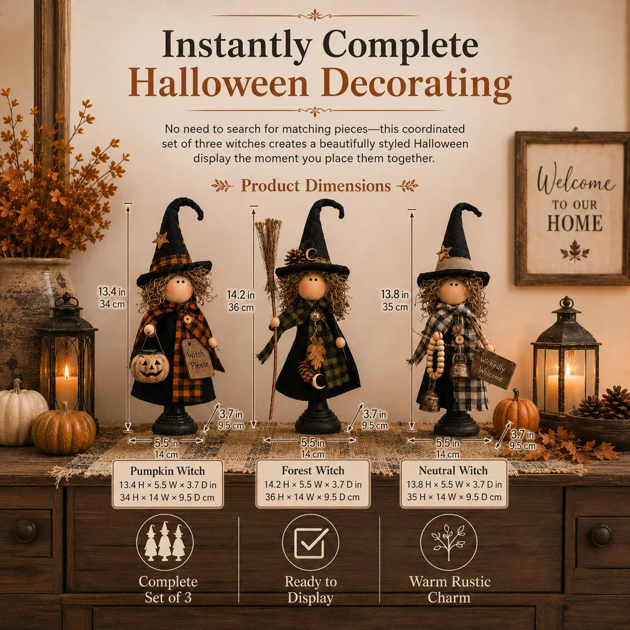 Rustic Halloween Witch Figurines, Set of 3 – Vintage Farmhouse Tabletop Decor