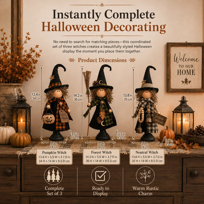 Rustic Halloween Witch Figurines, Set of 3 – Vintage Farmhouse Tabletop Decor
