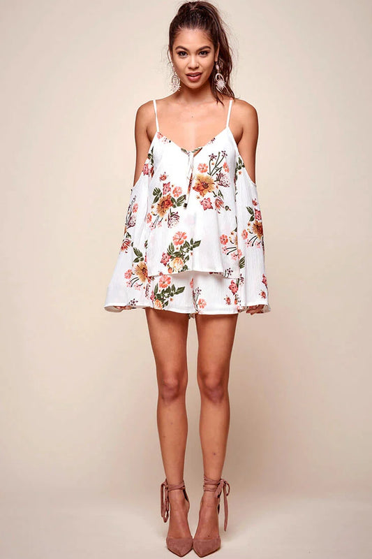 Ashanti Off the Shoulder Layered Floral Romper White