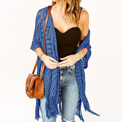 Women's Open-Front Knit Cover-Up with Tassel Fringe – Bohemian & Lightweight – Beach Essential