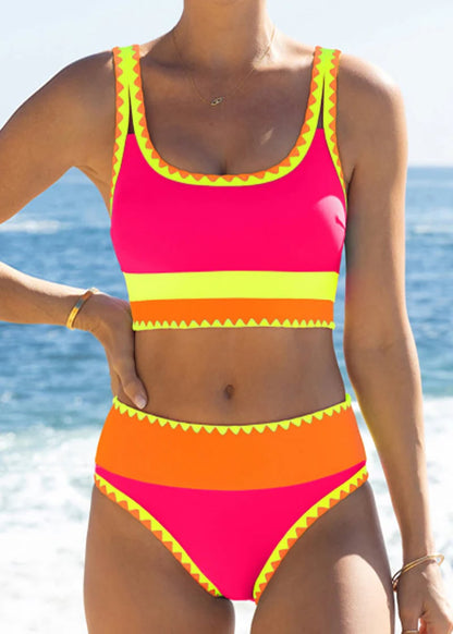 🎁New Arrival 50% OFF💥Color Block Patchwork Nylon Sporty 3-Piece Bikini Set - High Waisted & Tummy Control Swimsuit👙🌈