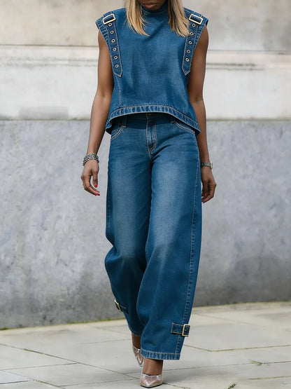 Stylish Casual Strap Detail Loose H-line Jeans
