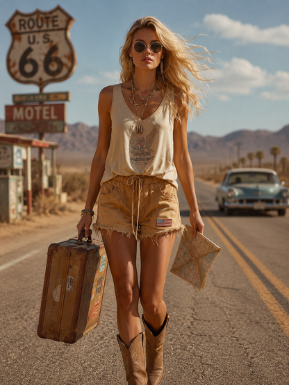Sierra Washed Camel Americana Denim Shorts Relaxed Vintage Utility Style