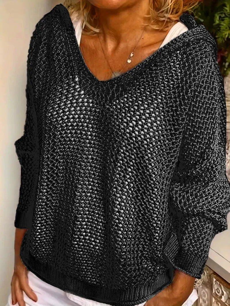 Loose-fit open-knit hooded sun-protection cardigan
