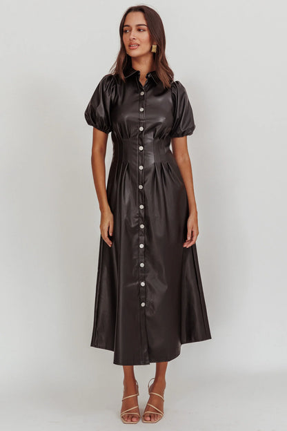 Zurich A-line Puff Sleeve Midi Dress Black