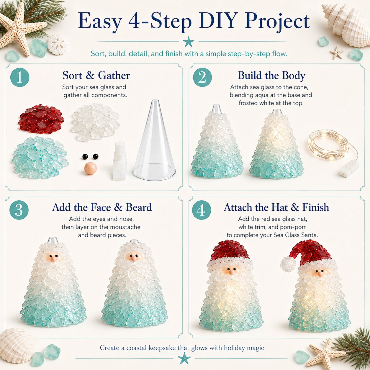 🎅DIY Lighted Sea Glass Santa Christmas Decor Kit | Complete Kit with Sea Glass Pieces, Warm Fairy Lights & Step-by-Step Guide Included 💕