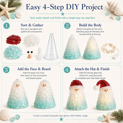 🎅DIY Lighted Sea Glass Santa Christmas Decor Kit | Complete Kit with Sea Glass Pieces, Warm Fairy Lights & Step-by-Step Guide Included 💕