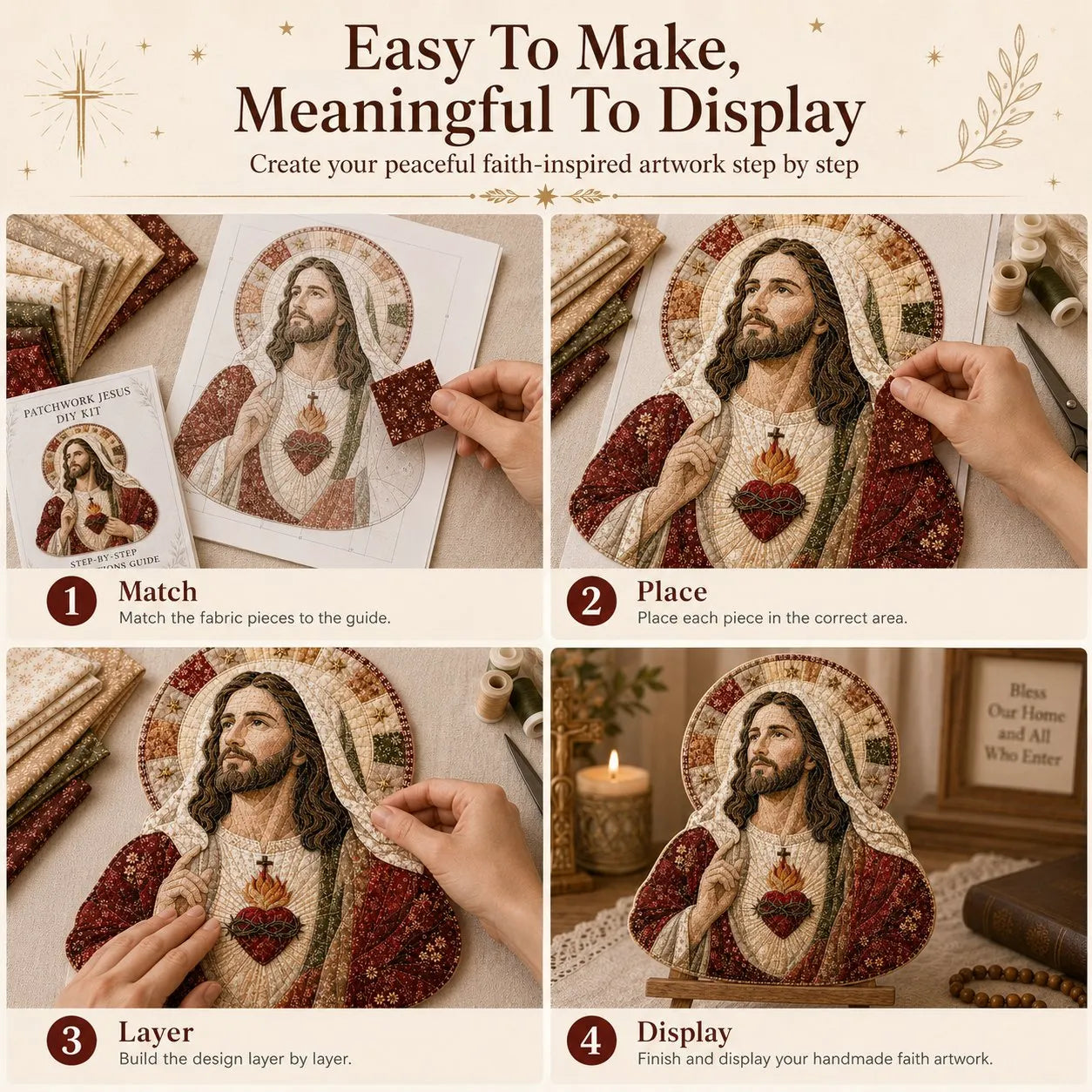 ✝️🧵 Premium Handmade Patchwork Jesus DIY Kit | High-Quality Layered Fabric with Stitched Details DIY Handmade Devotional Decor 🕊️✨