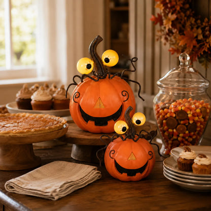 Set of 2 Lighted Pumpkin Spider Decorations