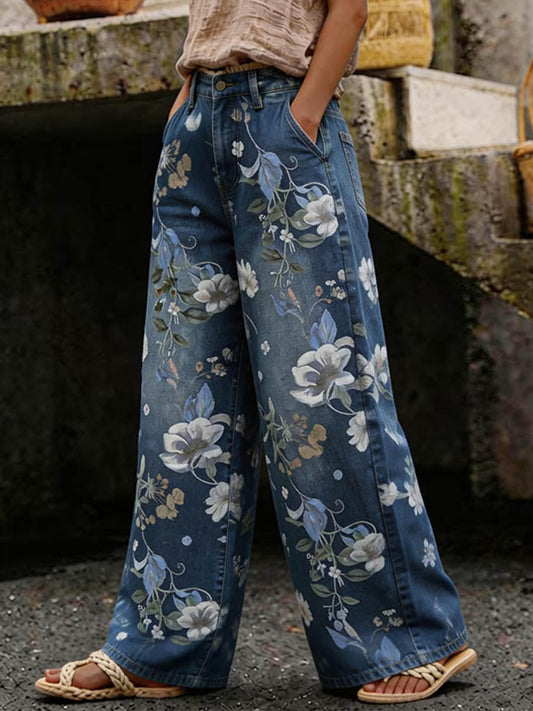Women's Printed High-waisted Loose Wide-leg Jeans