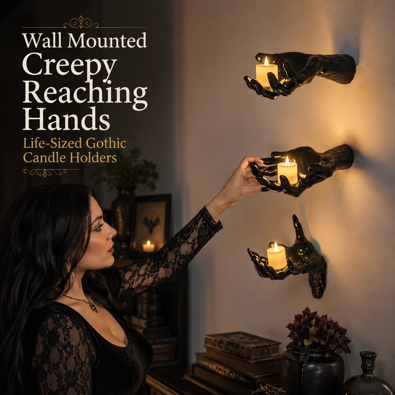 🖤 Wall Mounted Creepy Reaching Hands - Life-Sized Gothic Candle Holders
