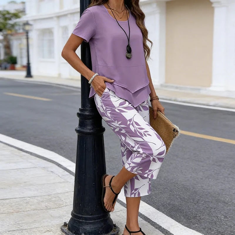 🌸Summer Hot Sale 55% OFF💖Casual Round Neck Layered Tunic Top & Wide Leg Pants Set👚👖
