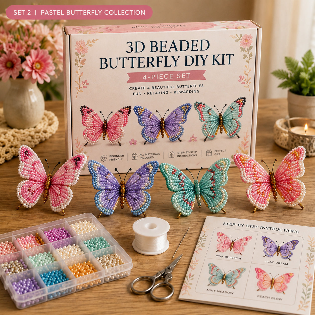 3D Beaded Butterfly DIY Kit – 4-Piece Butterfly Craft Set