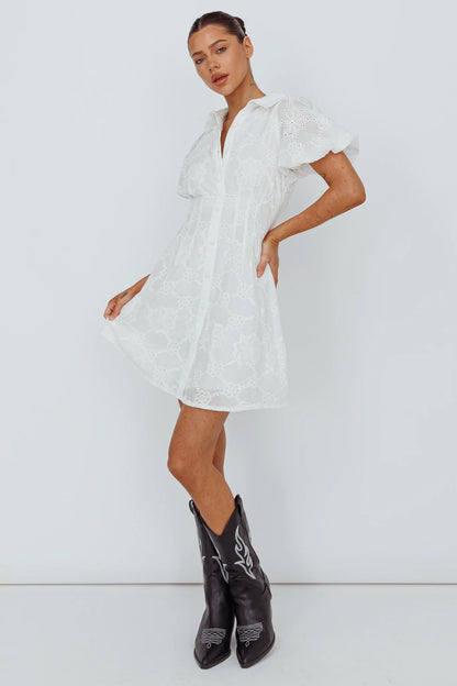 Zurich Pleated Waist Shirt Dress Eyelet White