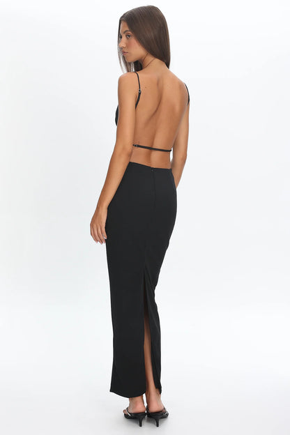 Yindi Backless Boat Neck Maxi Dress Black