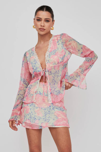 Sincerity Long Sleeve Tie Front Top Print Blue