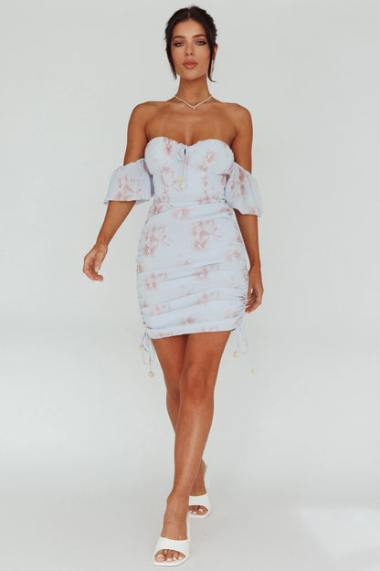Summer In Paradise Sweetheart Neckline Ruched Side Dress Printed Blue