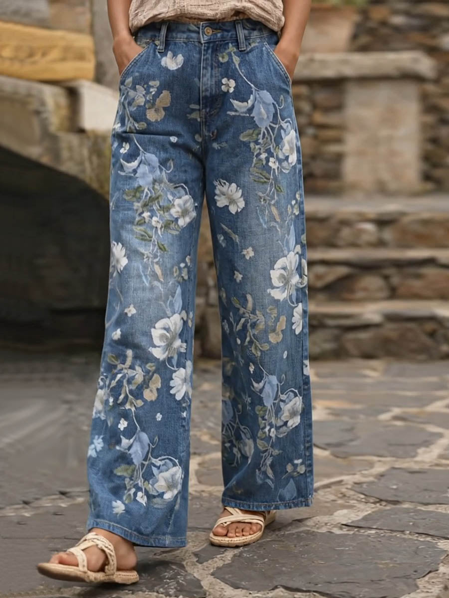 Women's Printed High-waisted Loose Wide-leg Jeans