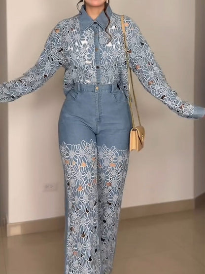 Casual Patchwork Embroidered Denim Shirt And Jeans Two-piece Set
