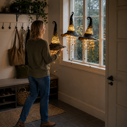 🧙‍♀️✨ Lighted Witch Hat Hanging Decor with Cascading Stars