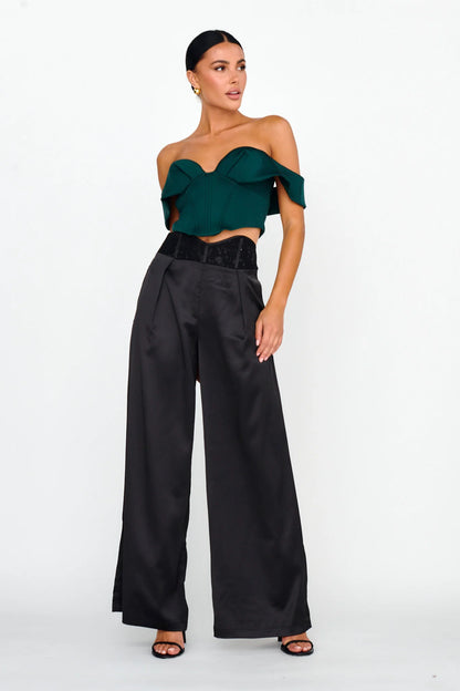 Lucky Stars Curved Waist Lace Trim Pants Black