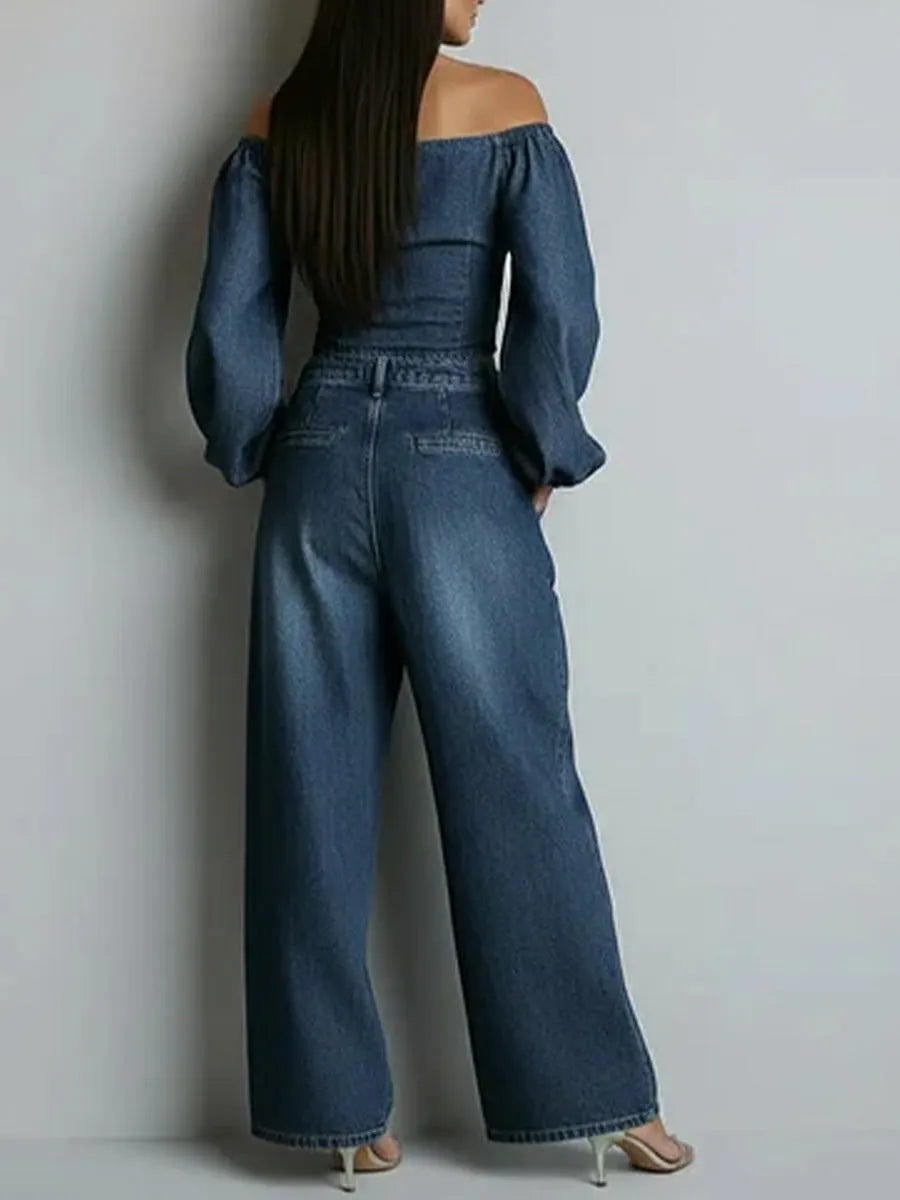 Women's Off-the-shoulder Long-sleeved Casual Loose Denim Top And High-waisted Wide-leg Jeans Set.