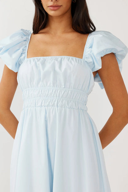 Rose Meadow Puffed Sleeve Midi Dress Blue