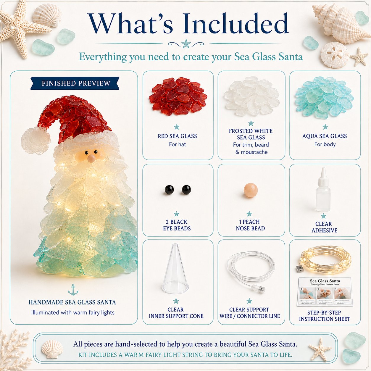 🎅DIY Lighted Sea Glass Santa Christmas Decor Kit | Complete Kit with Sea Glass Pieces, Warm Fairy Lights & Step-by-Step Guide Included 💕