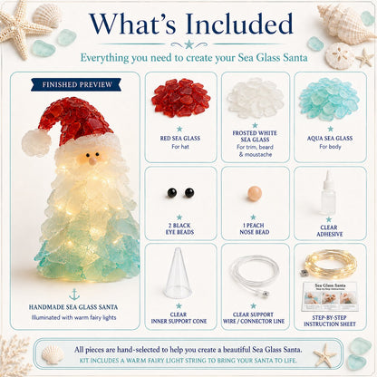 🎅DIY Lighted Sea Glass Santa Christmas Decor Kit | Complete Kit with Sea Glass Pieces, Warm Fairy Lights & Step-by-Step Guide Included 💕