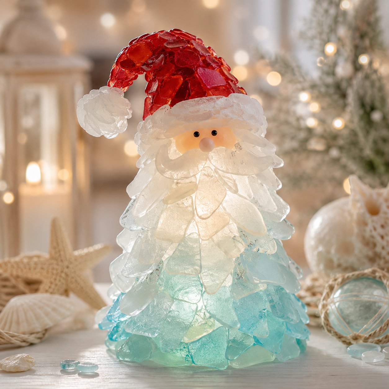 🎅DIY Lighted Sea Glass Santa Christmas Decor Kit | Complete Kit with Sea Glass Pieces, Warm Fairy Lights & Step-by-Step Guide Included 💕
