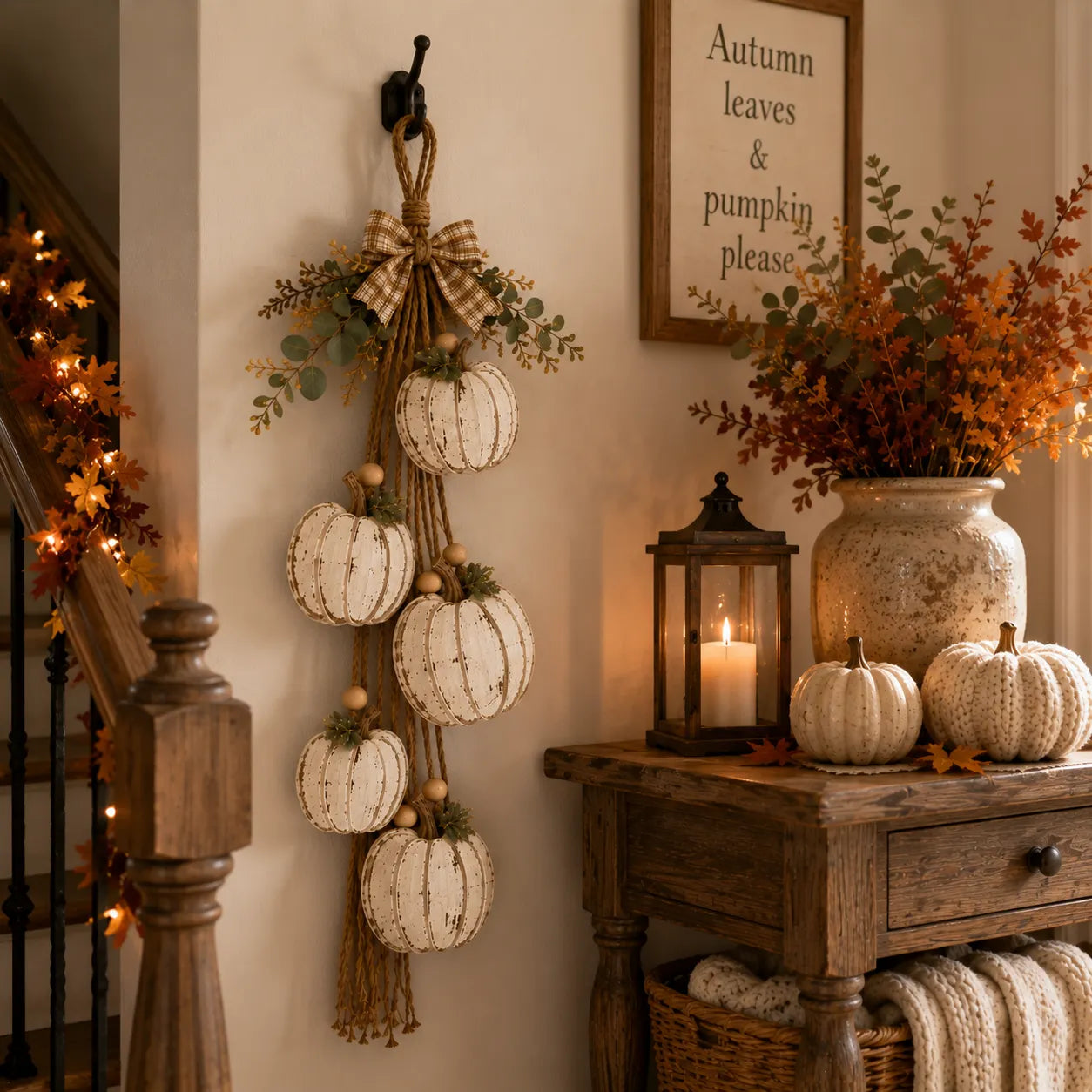 Rustic White Pumpkin Hanging Swag – 5-Pumpkin Fall Wall & Door Decor