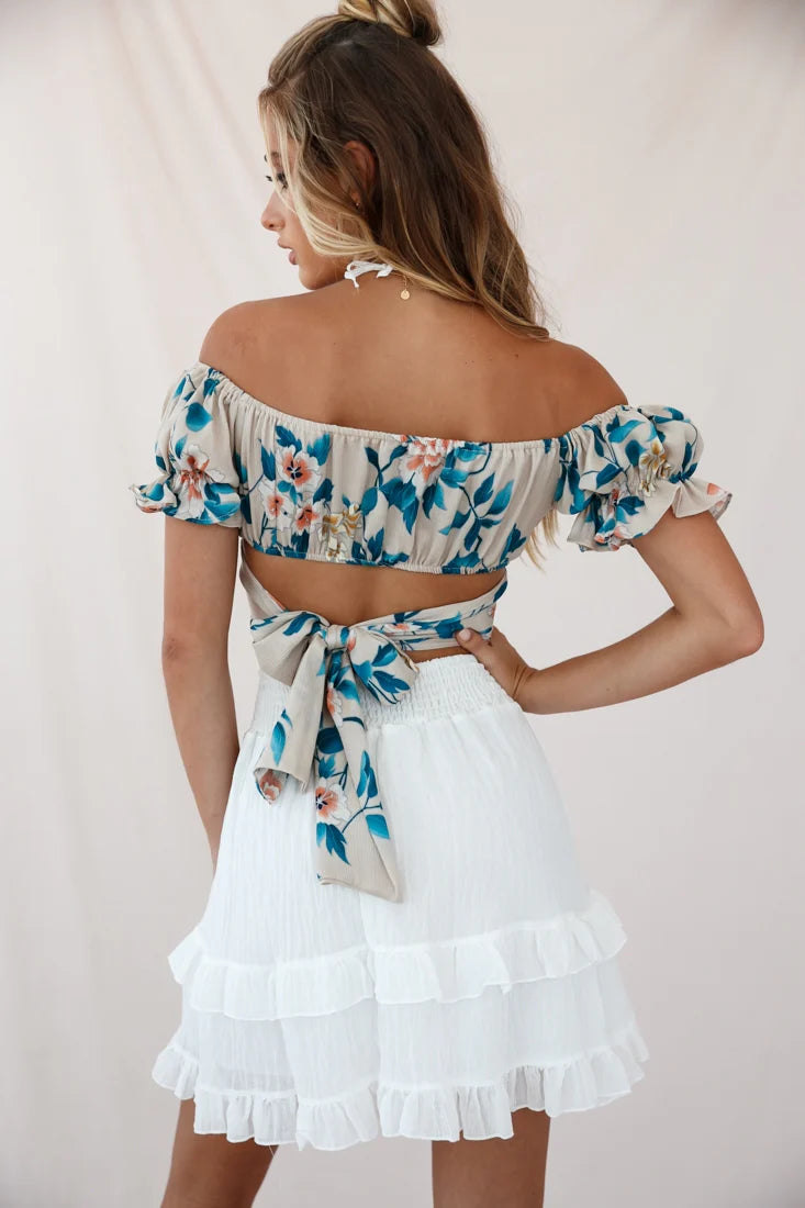Linka Off-Shoulder Tie-Back Crop Top Floral Print Mocha