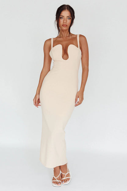 Winter Garden U-Neckline Maxi Dress Beige