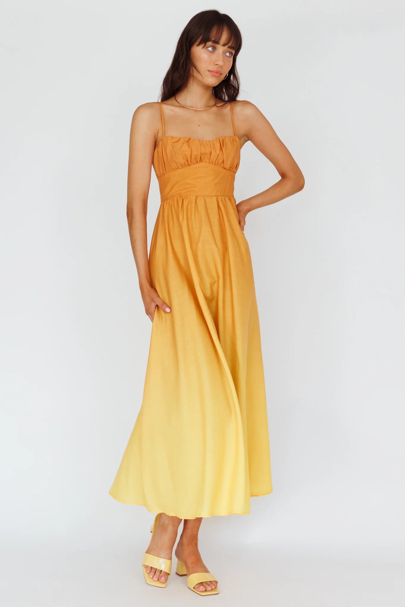 Clarabelle Gathered Bust Midi Dress Gradient Orange