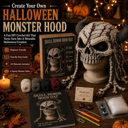 🔥 LAST DAY 49% OFF – 🎃 Halloween Monster Hood DIY Crochet Kit | Premium Soft Yarn Materials with Step-by-Step Guide DIY Handmade Wearable Character Hood 🧶🎭✨