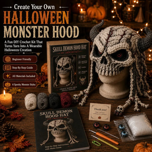 🔥 LAST DAY 49% OFF – 🎃 Halloween Monster Hood DIY Crochet Kit | Premium Soft Yarn Materials with Step-by-Step Guide DIY Handmade Wearable Character Hood 🧶🎭✨