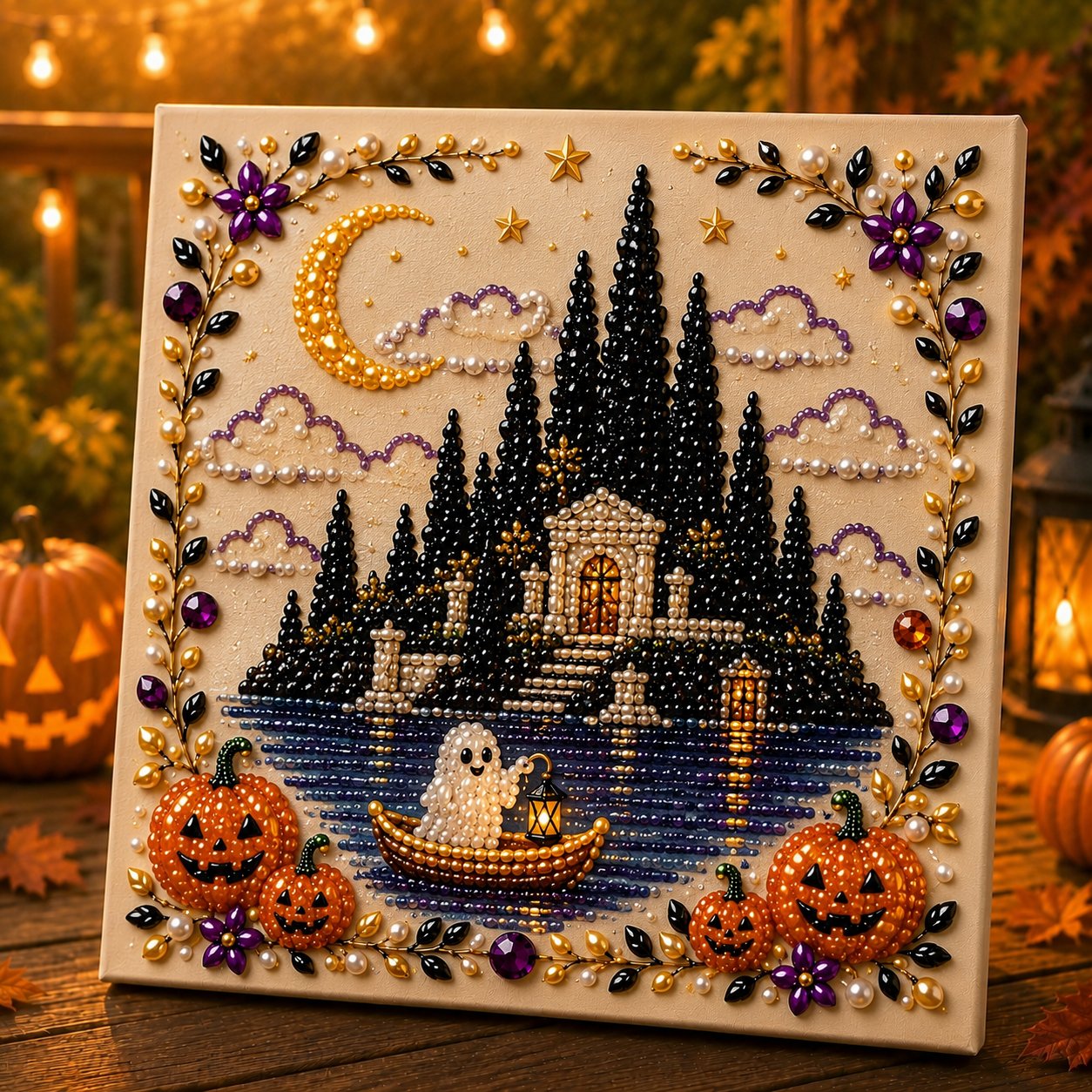Premium 3D Pearl Halloween Wall Art Kit | Luxury Flocked Canvas with Scratch-Resistant Non-Fading Pearl Beads DIY Spooky Decor – Buy 2 Free Shipping