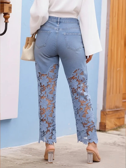 Fashionable And Casual Patchwork Hollowed-out Lace Jeans