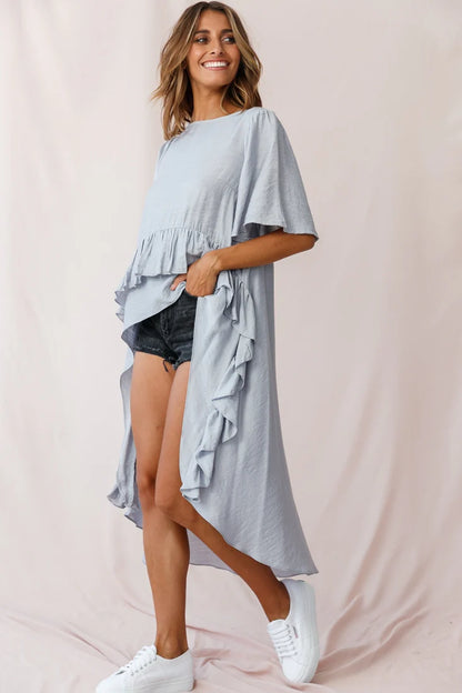 Kara High-Low Ruffle Trim Top Grey