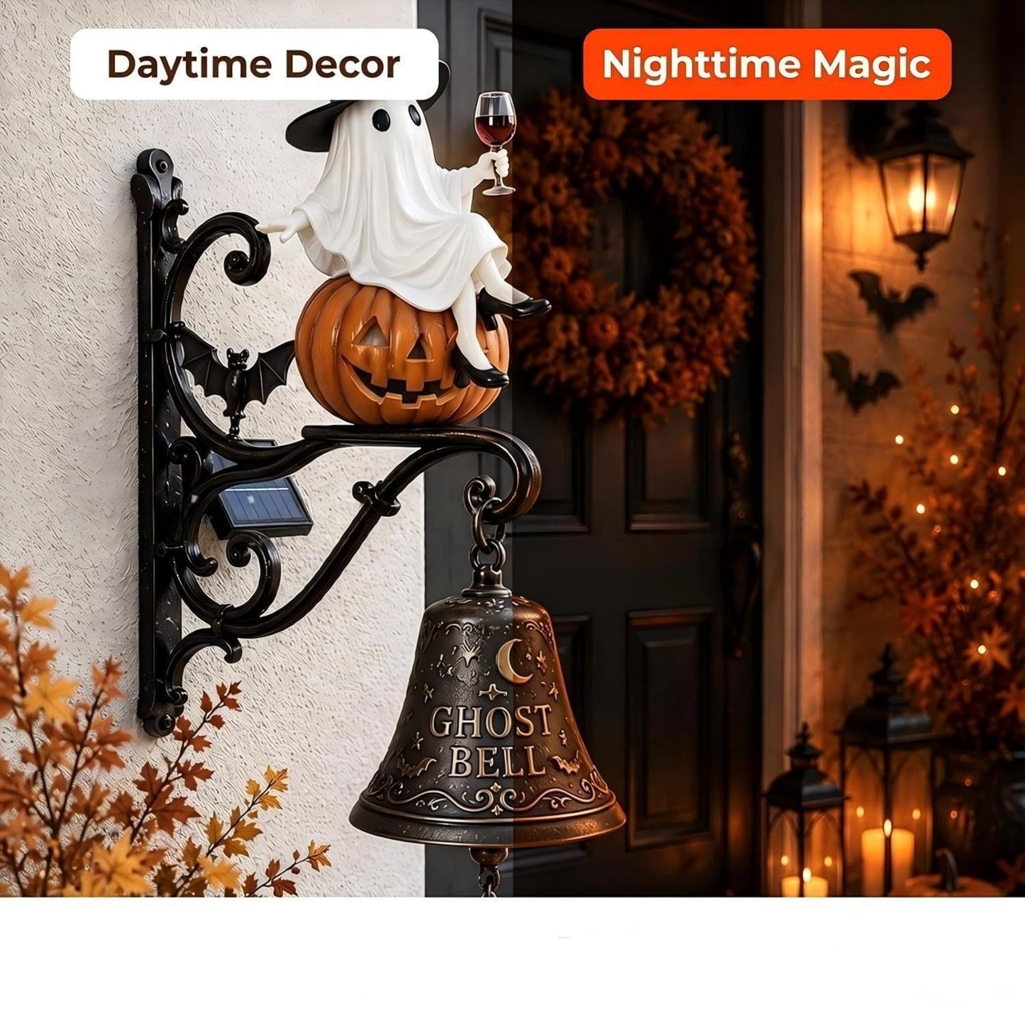Vintage Ghost Bell Halloween Decor – Daytime Retro Elegance & Night Glowing Magic Ornament