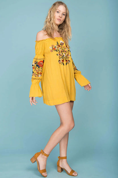 Saige Floral Day Dress Yellow Mustard
