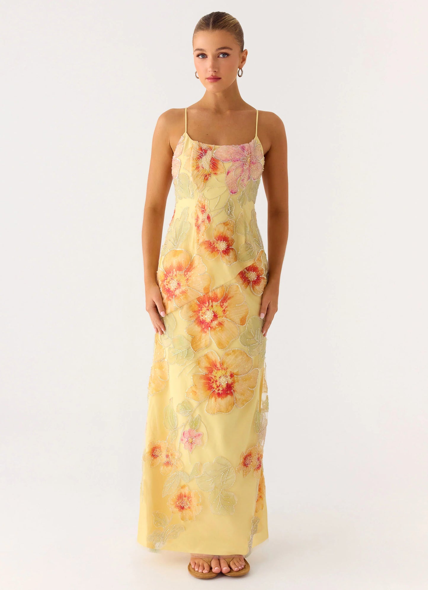 Morning Light Beaded Maxi Dress - Yellow Floral Beaded