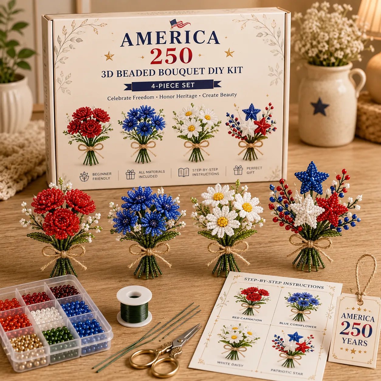 America 250 Beaded Bouquet DIY Kit – Limited Edition Patriotic Craft Collection