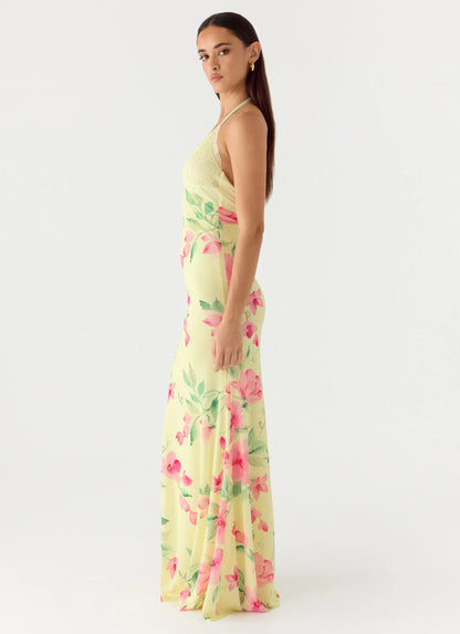 Takedown Halter Maxi Dress - Lemon Soleil