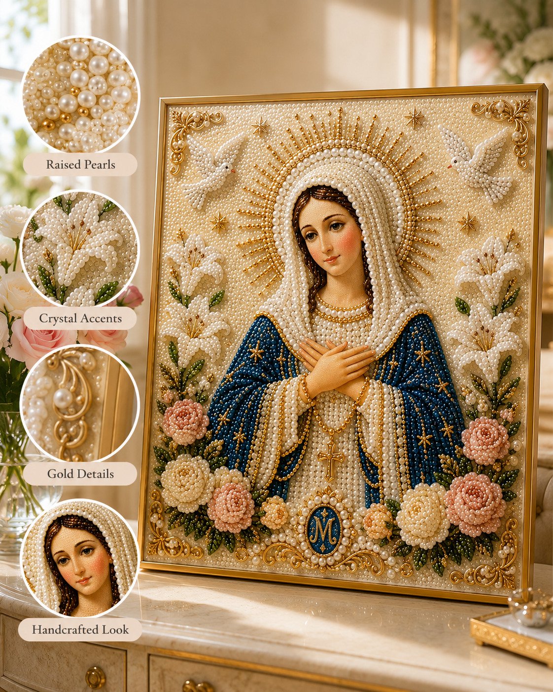 New Arrivals 49% OFF-2026  Divine Pearl Bead Virgin Mary Icon – A Peaceful DIY Faith Art Gift