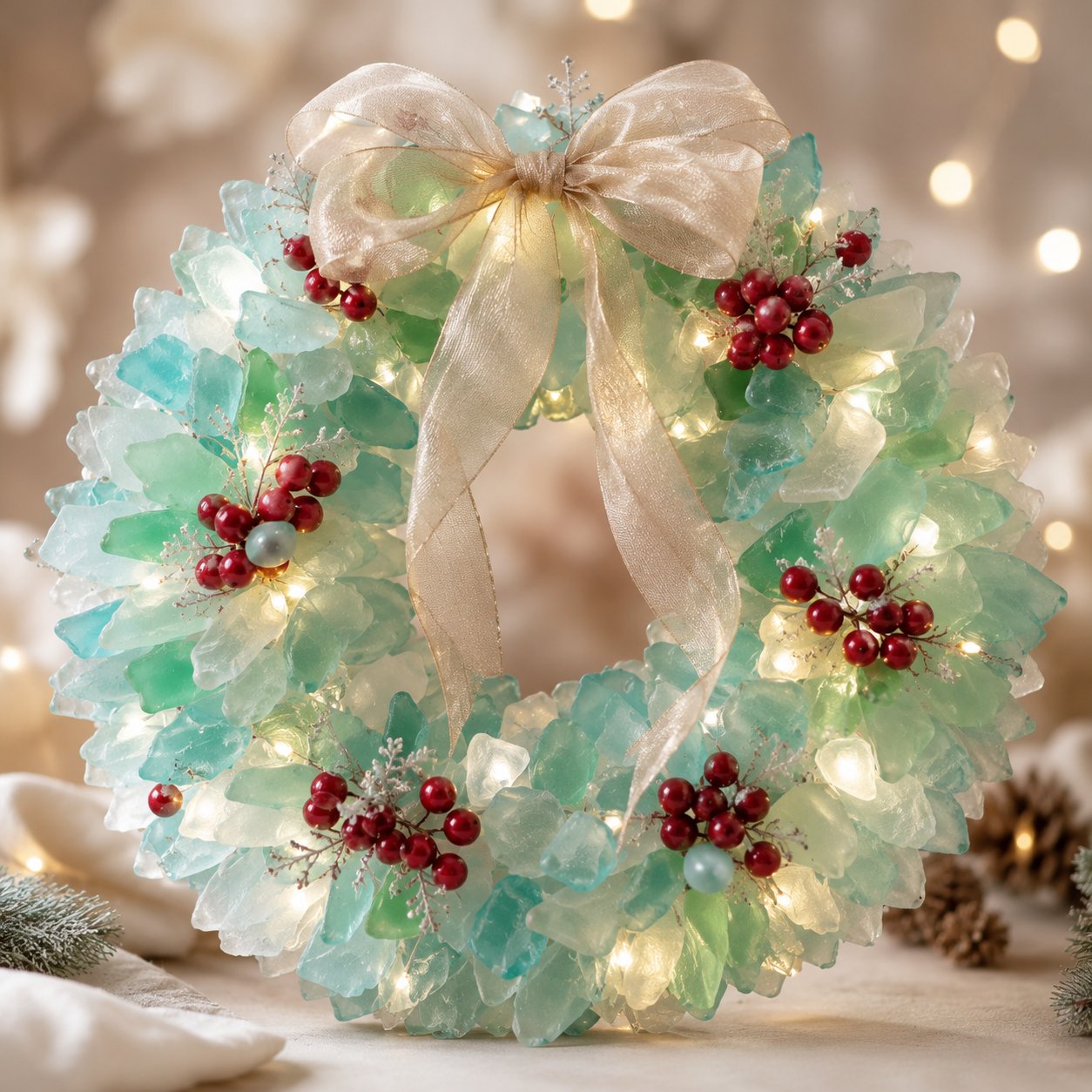 🎅DIY Lighted Sea Glass Santa Christmas Decor Kit | Complete Kit with Sea Glass Pieces, Warm Fairy Lights & Step-by-Step Guide Included 💕